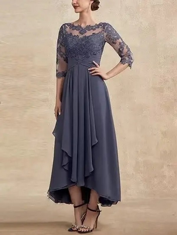 Charming Grey Chiffon Mother Of The Bride Dresses Lace Appliqued With 3/4 Long Sleeves Formal Party Gowns Plus Size Women Wedding Ceremony Prom Dress Robes CL2836