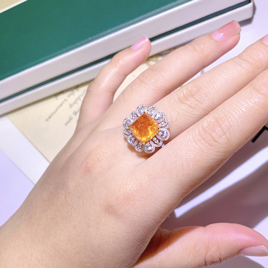 Bijoux à la mode pour femmes, tour à sucre en cristal Orange, zircon diamant, or blanc, bague ouverte, cadeau d'anniversaire pour petite amie, réglable