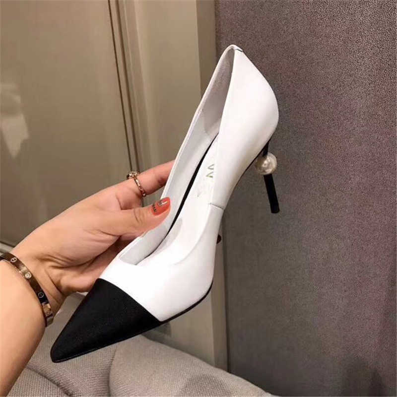 spring new fashion celebrities xiaoxiangfeng color matching pearl thin professional versatile shallow mouth high heels women's