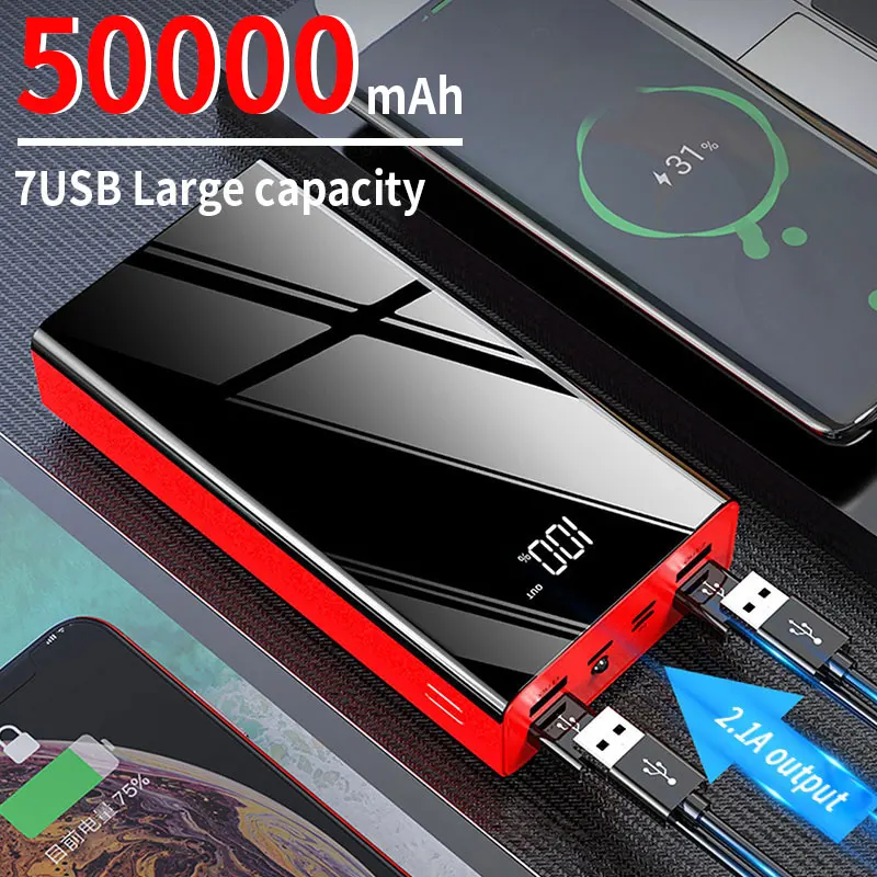 7-i-1 50000mAh Power Bank stor kapacitet 2.1A Super Fast Charger Portable Charger 7USB Digital Display Battery med ficklampa