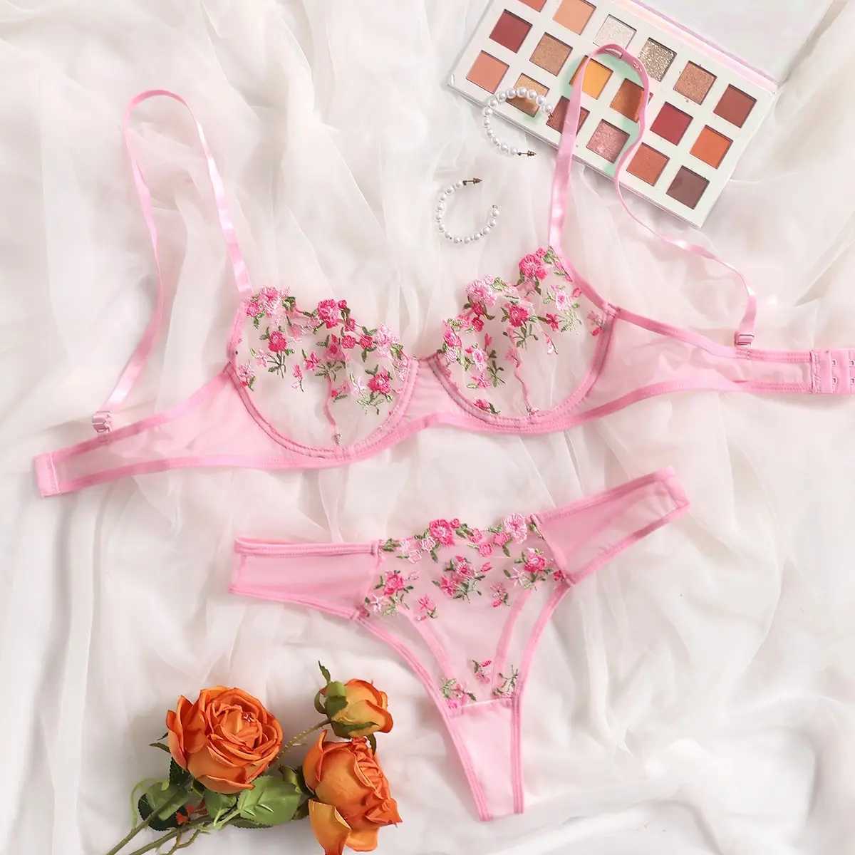 Sexy Set Woman Pieces Lingerie Floral Embroidery Underwear Transparent Lace Short Skin Care Kits Delicate Fairy