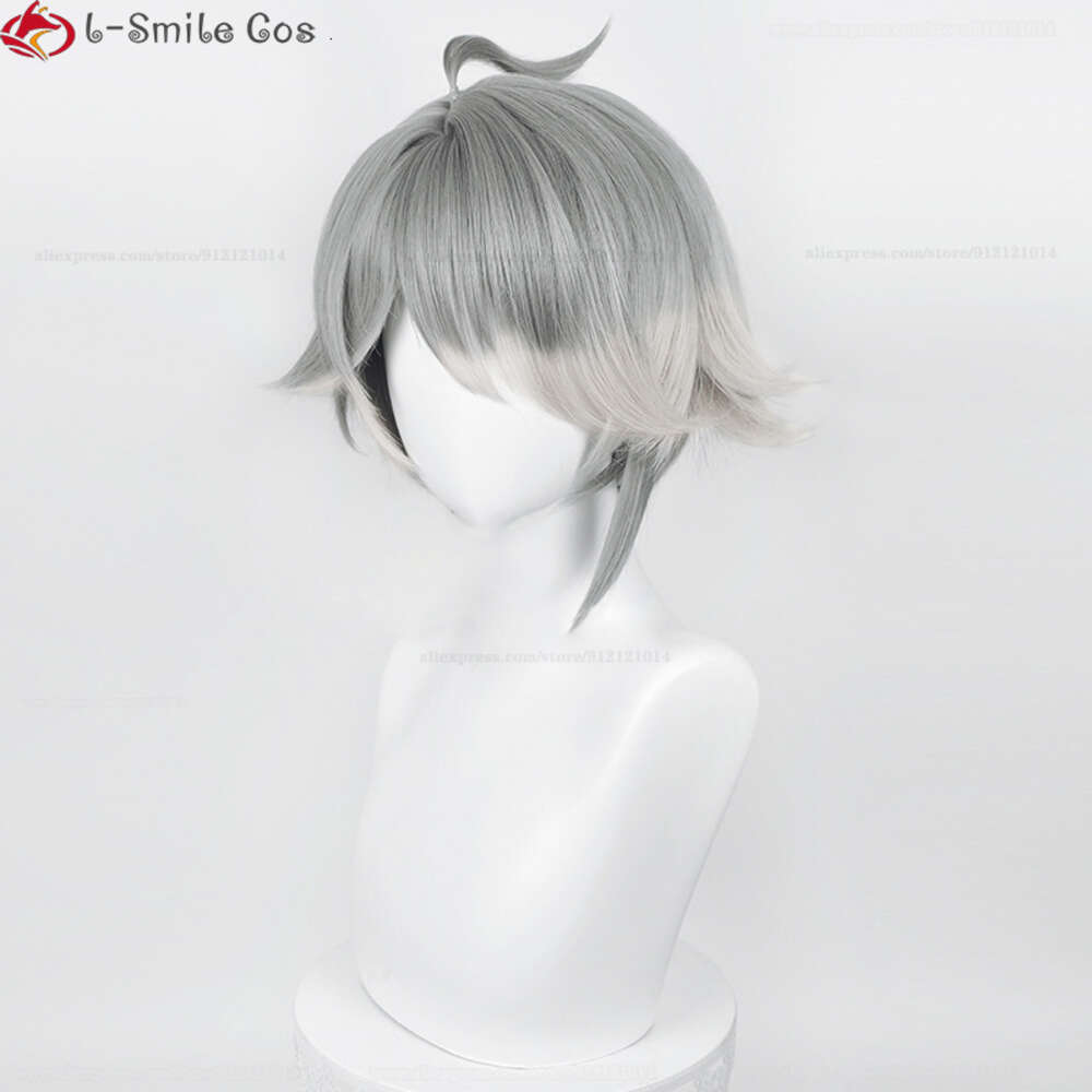 Disfraces de Catsuit, juego Alhaitham Genshin Impact Sumeru Al Haitham, Cosplay de 30cm, pelucas de pelo resistentes al calor con gradiente gris + gorro de peluca