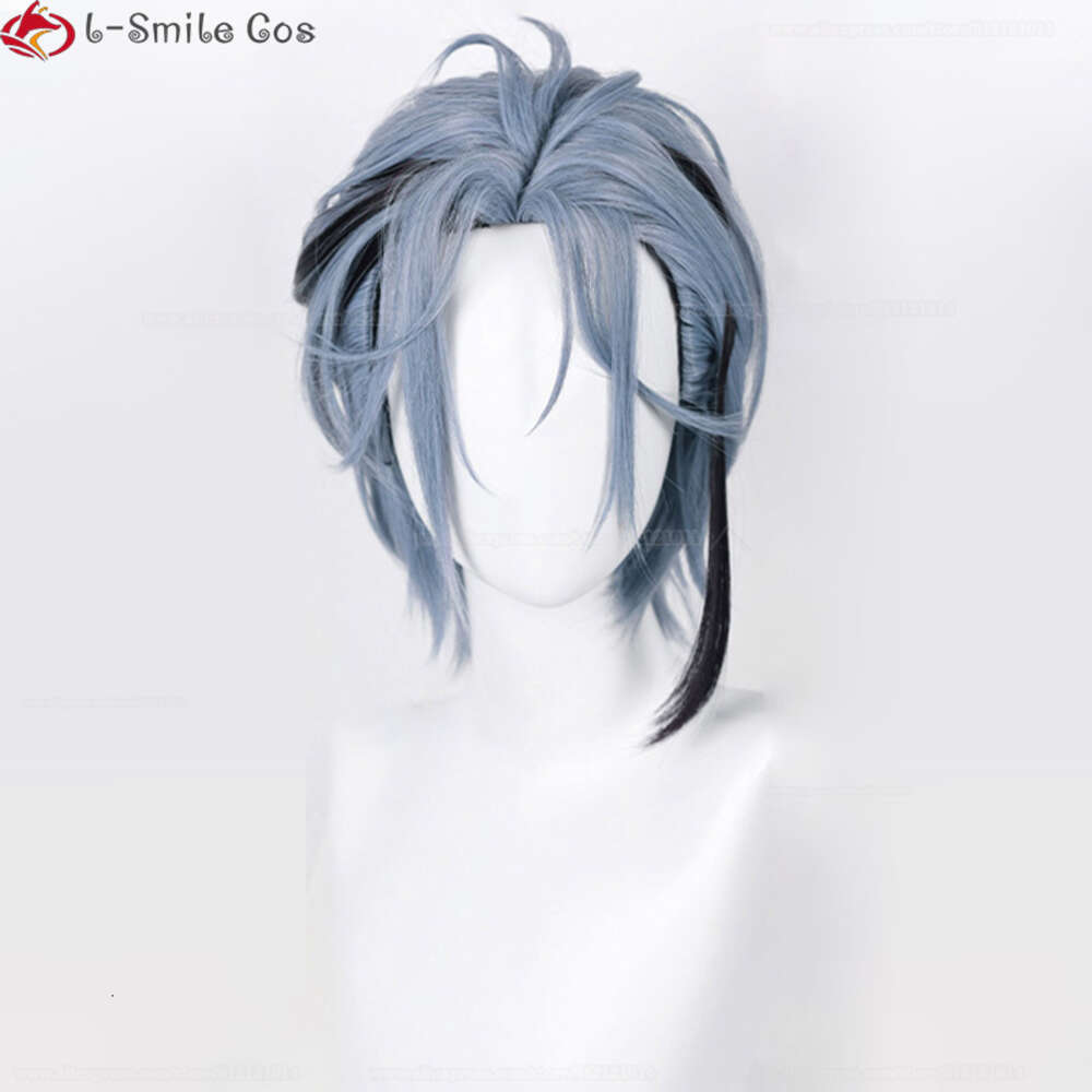 Trajes de Catsuit Vtuber Nijisanjien EN7 XSOLEIL Haywire Cosplay Hex Wigs 33cm Curto Azul Escuro Cinza Resistente ao Calor Cabelo + Peruca Cap