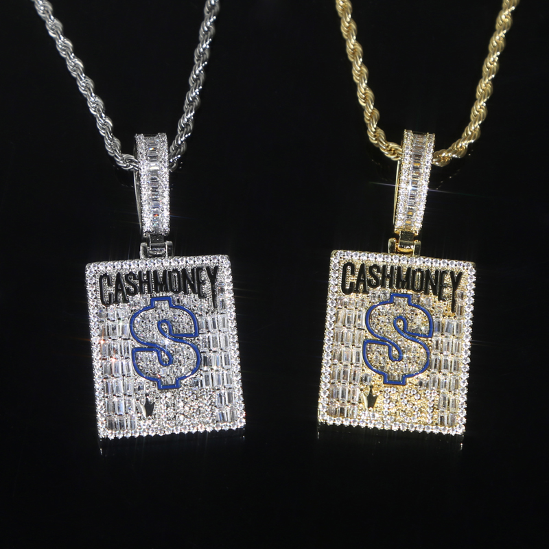 Collana con ciondolo con ciondolo quadrato con lettera in denaro contante con segno di dollaro smaltato con catena in corda Hip Hop Donna Uomo Completamente pavimentato 5A Cubic Zirconia Boss Uomo Gioielli regalo