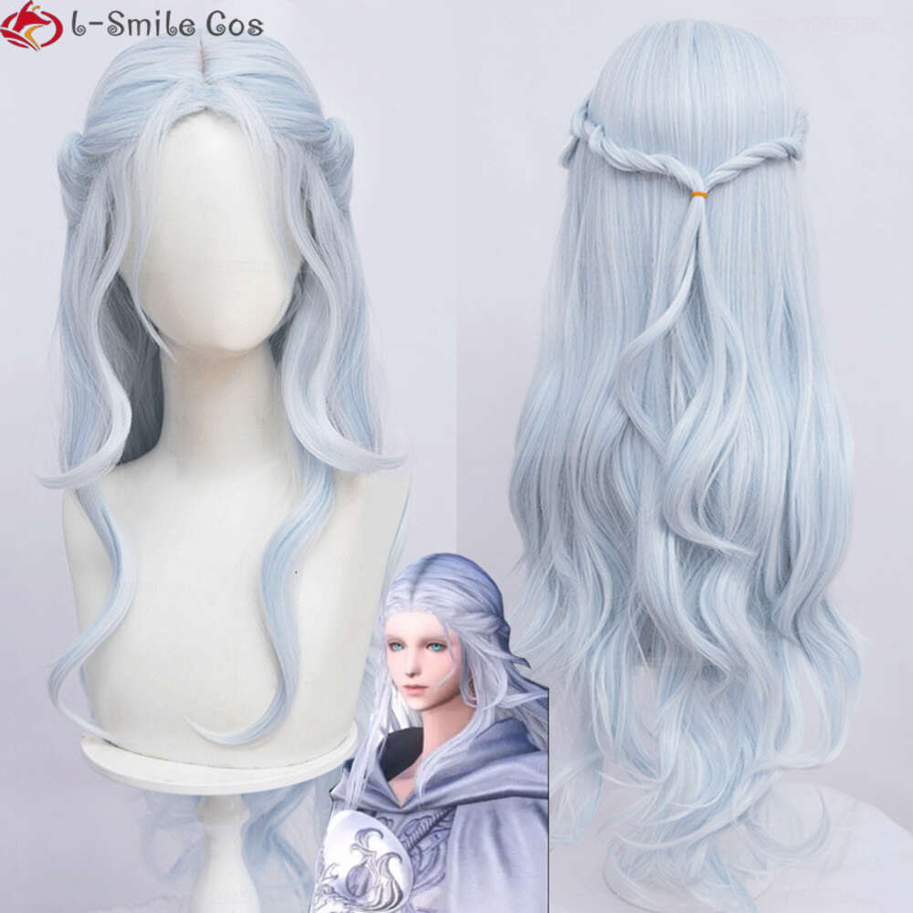 Costumi Catsuit Gioco FF14 Endwalker Cosplay Grigio chiaro Blu 80 cm Lunghi ricci Hydaelyn Capelli resistenti al calore Parrucche da donna + Protezione parrucca