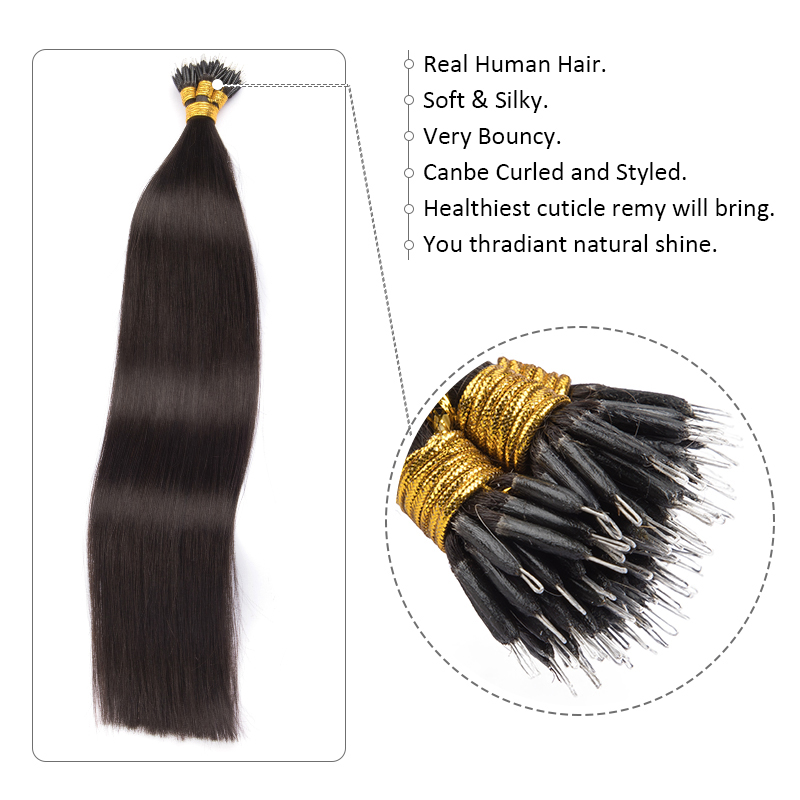 Nano Yüzük Saç Uzatma Remy Mikro Boncuk Saç Uzantıları Keratin Füzyon İnsan Saç 100 Strands 100g Siyah Kahverengi Sarışın 14-26inch