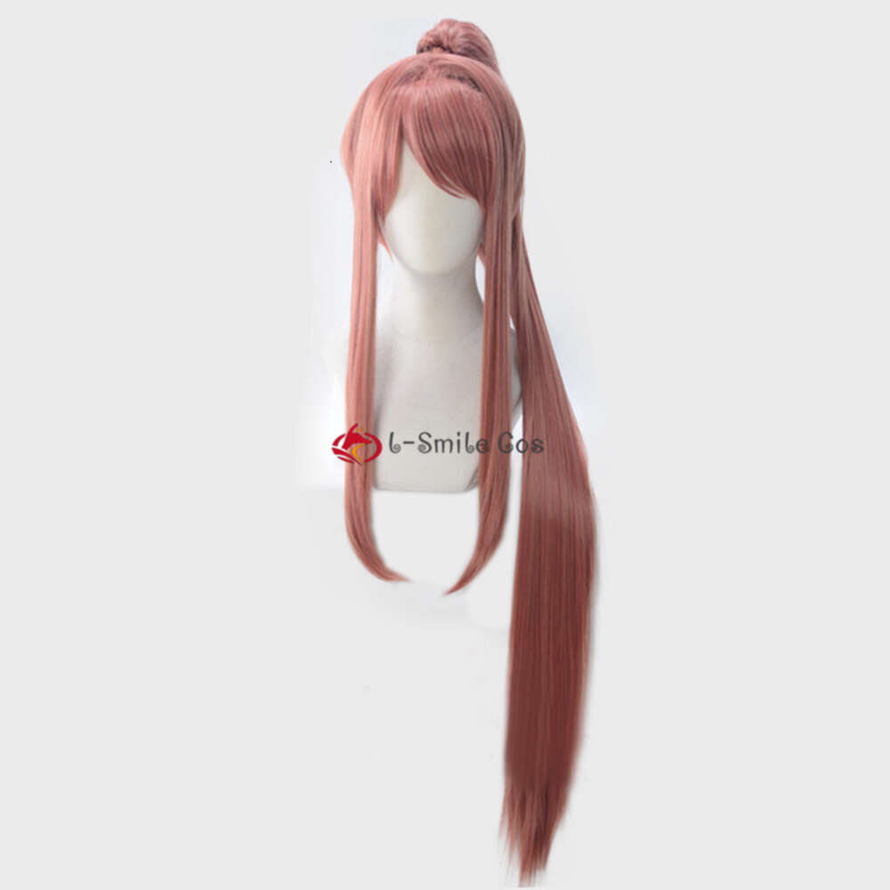 Catsuit Costumes Monika DDLC Wig with 100cm Long Ponytail Bownot Hairpin Anime Cosplay Heat Resistant Hair Wigs