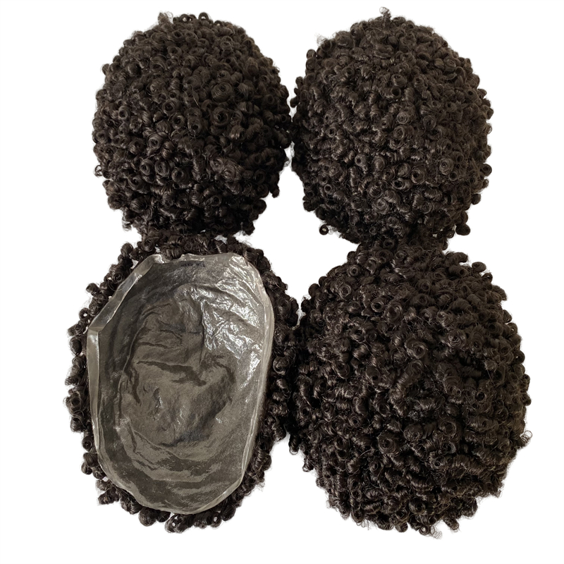Peruvian Virgin Human Hair Hairpiece 8mm Curl #1b Black Bouncy Curly Toupee 8x10 Knots PU Unit for Black Man