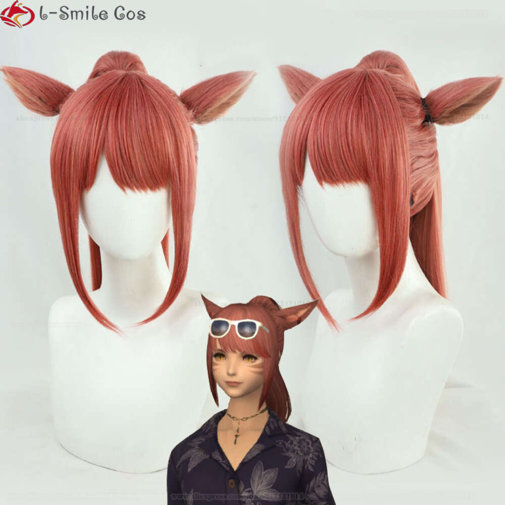 Costumi Catsuit Gioco FF14 Ryne Gaia Orecchie Cosplay Final Fantasy XIV Coda di cavallo lunga Capelli sintetici resistenti al calore FFXIV Parrucche feste + Protezione parrucca