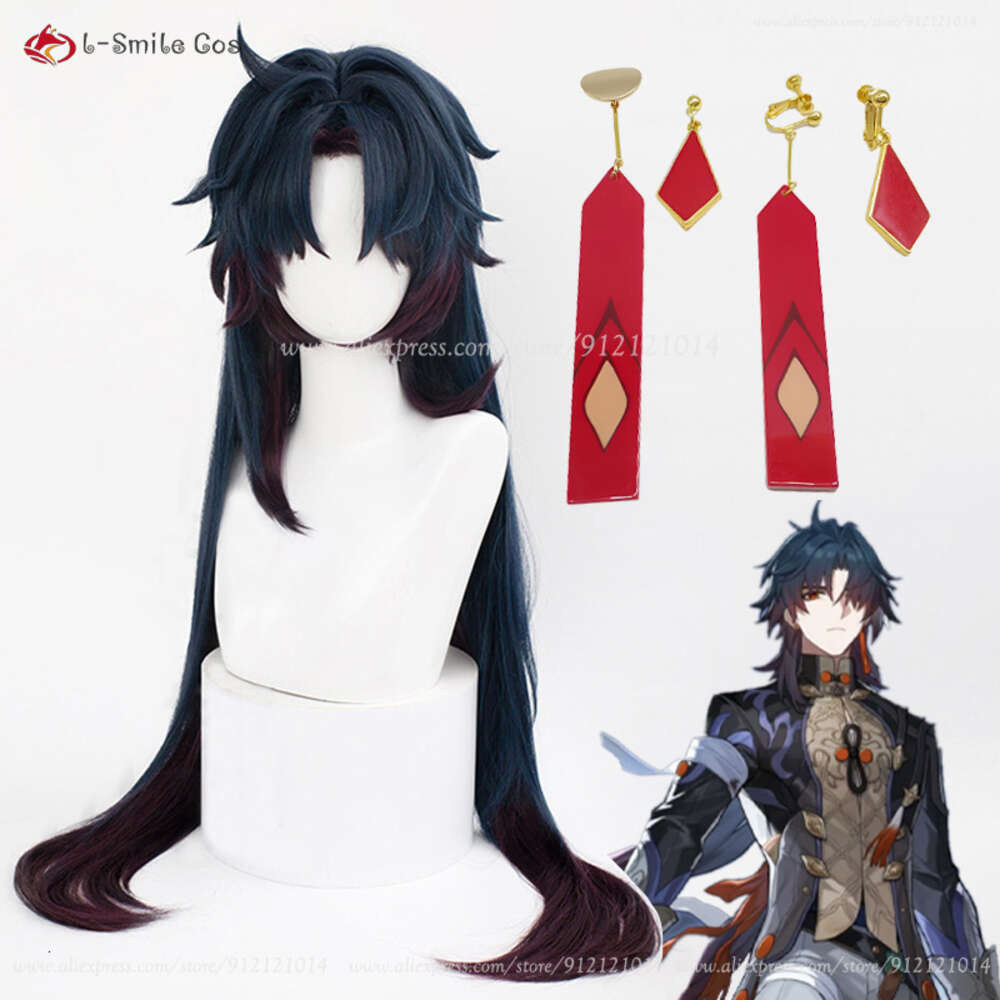 Costumi Catsuit Honkai di alta qualità: Star Rail Blade Cosplay 90 cm Blu sfumato Orecchino rosso Capelli resistenti al calore Cos Parrucche anime + Cappellino parrucca