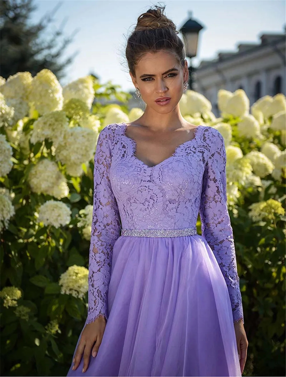 Lilac A Line Tulle Lace Prom Dresses Long Sleeves Corset Women's Evening Party Dress Formal Bridesmaids Gowns Outfits