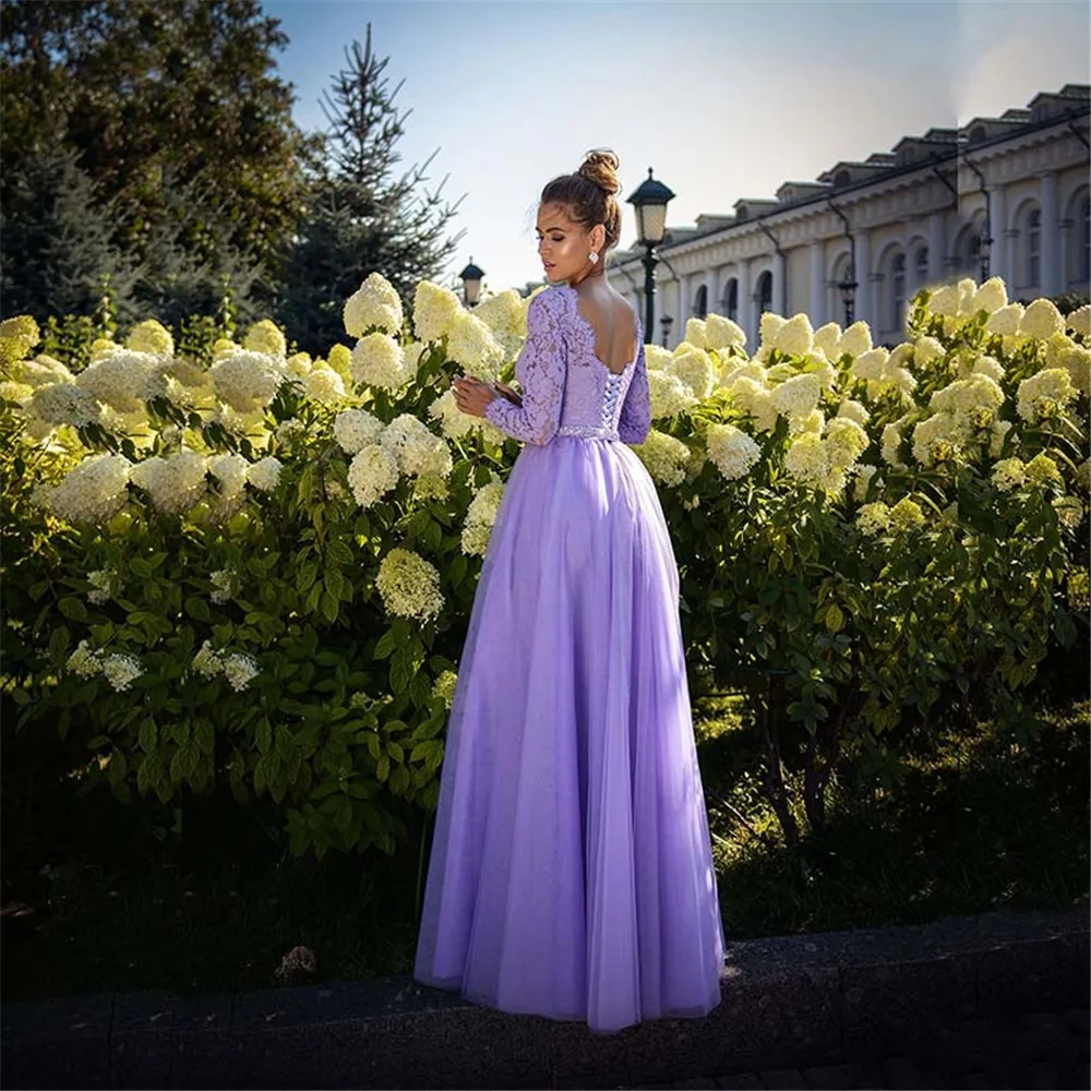 Lilac A Line Tulle Lace Prom Dresses Long Sleeves Corset Women's Evening Party Dress Formal Bridesmaids Gowns Outfits