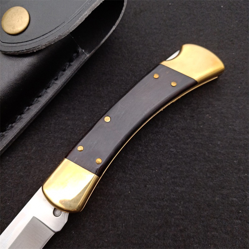 Top Quality Classic 110 AUTO Tactical Folding Knife 440C Satin Blade Ebony with Brass Head Handle EDC Pocket Knives With Leather Sheath