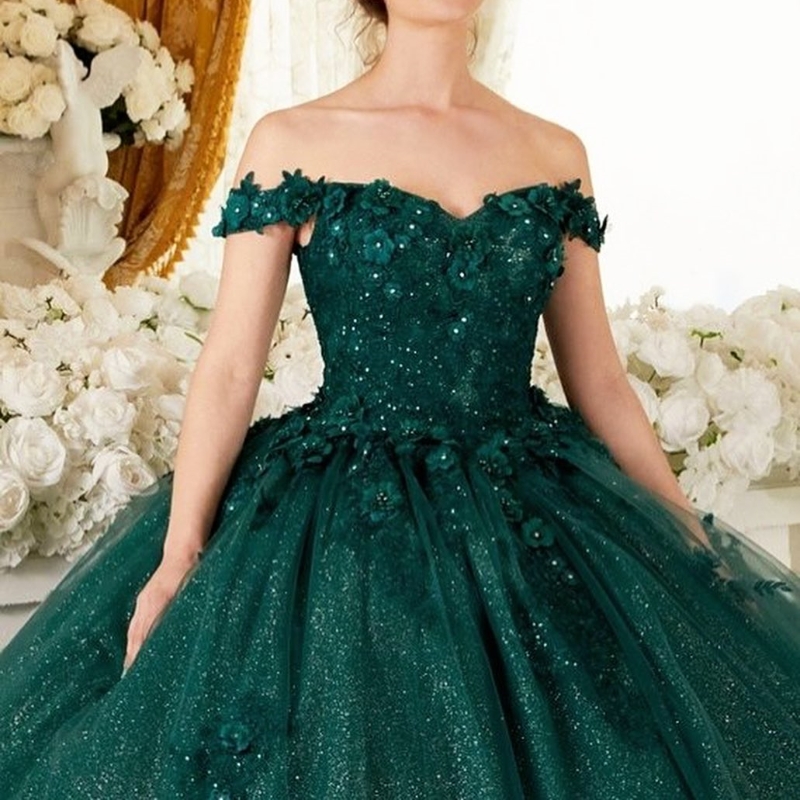 ثوب الكرة الأخضر الزمرد فستان Quinceanera 2024 3D الأزهار الأزهار الأميرة تول فيديسدوس دي 15 حفلة عيد ميلاد حلوة 16 فستان