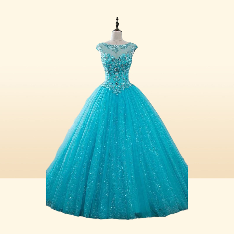 Turquoise bling tulle sweet 16 robes appliques paillettes perlées en cristal quinceanera robe de bal robe bal robe laceup cocktail par5486327