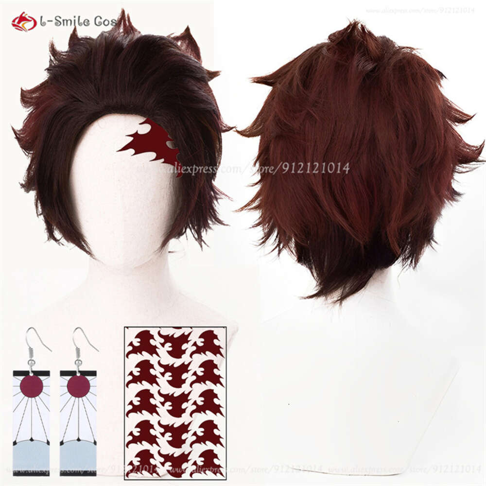 Catsuit Kostuums Cosplay 30 cm Rood Bruin Kamado Tanjirou Anime Hittebestendige Synthetische Haar Party Pruiken + Pruik Cap