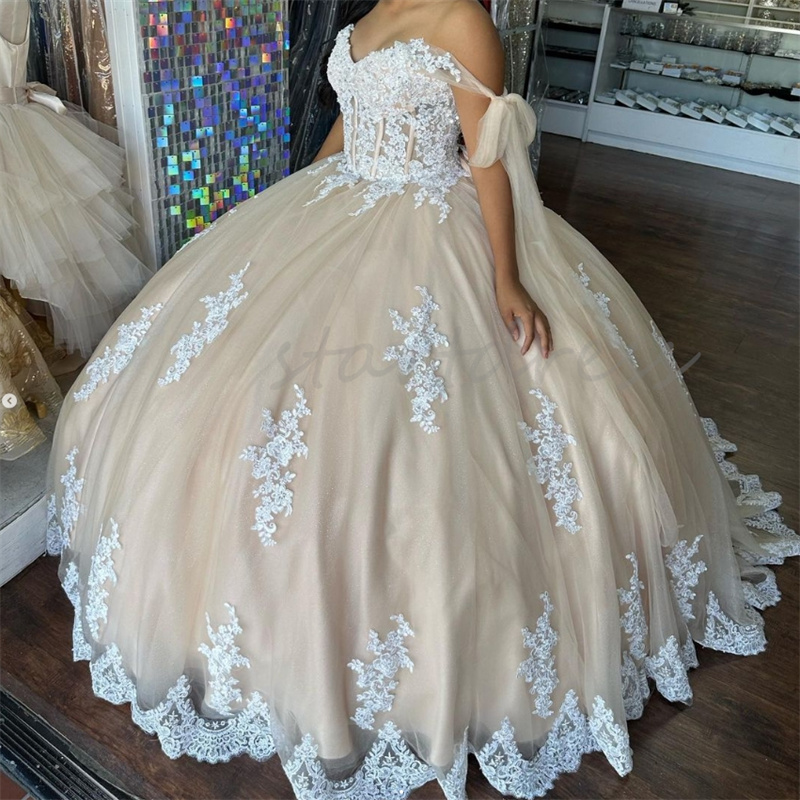 Princesa champanhe 15 vestidos quinceanera com laço branco vestido de baile querida vestidos de 15 xv anos espartilho aniversário vestido de baile arco para 2024 dezesseis vestido de festa