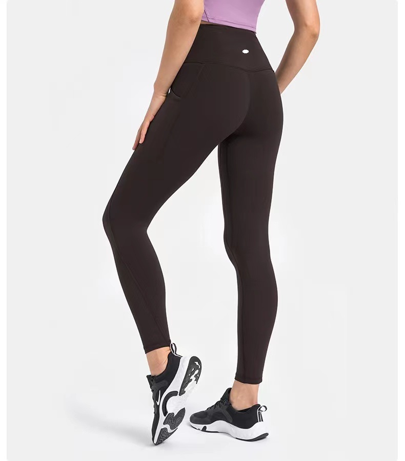 Lu Seitentaschen-Leggings, Lycra-Stoff, einfarbig, Damen-Yogahose, hohe Taille, Sport, Fitnessstudio, Kleidung, Leggings, elastische Fitness, Damen-Outdoor-Sporthose