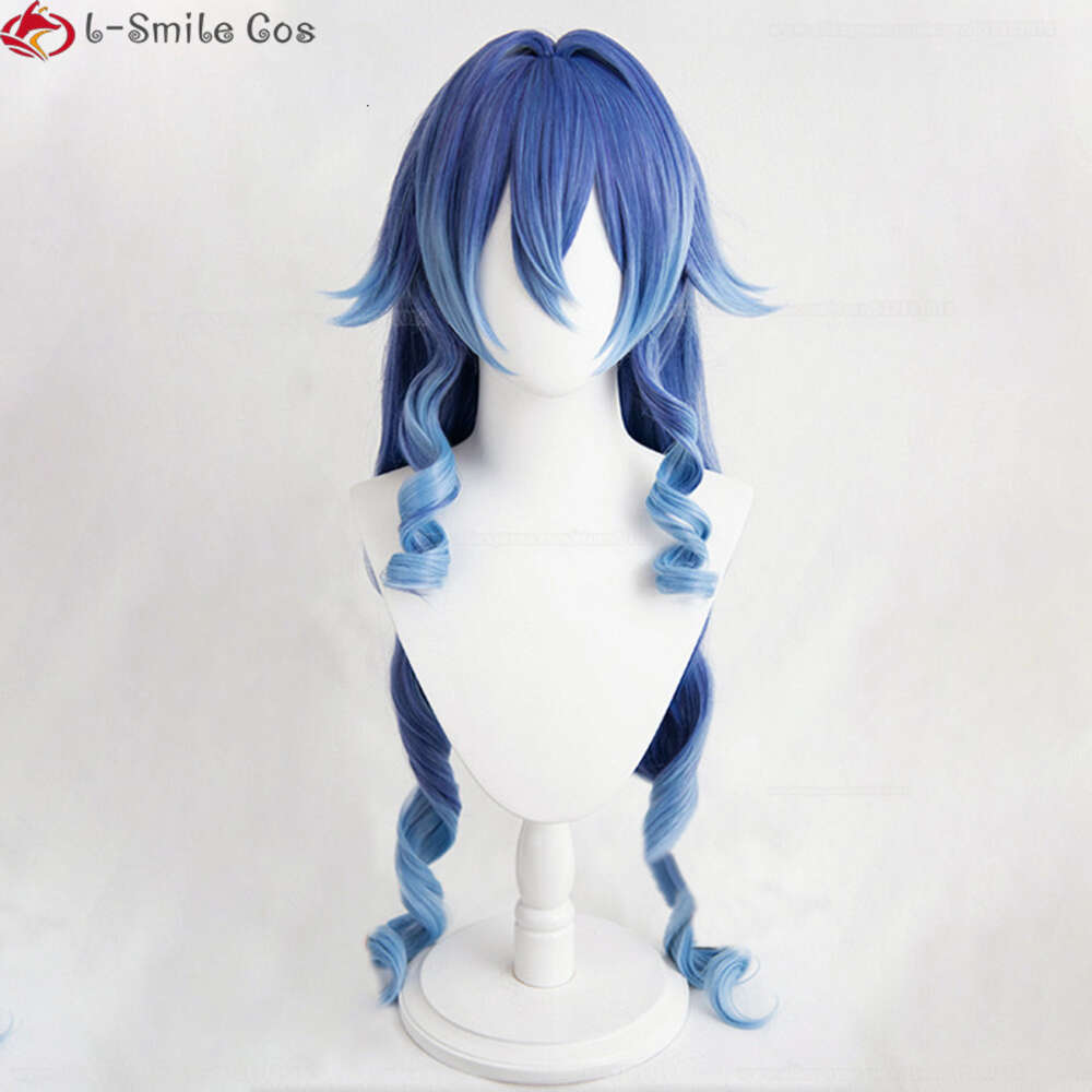 Kostiumy Catsuit 100 cm Cosplay Genshin Impact Layla Blue Gradient Długie kręcone ciepło odporne na włosy Partia Kobiety Peruky + Wej Cap