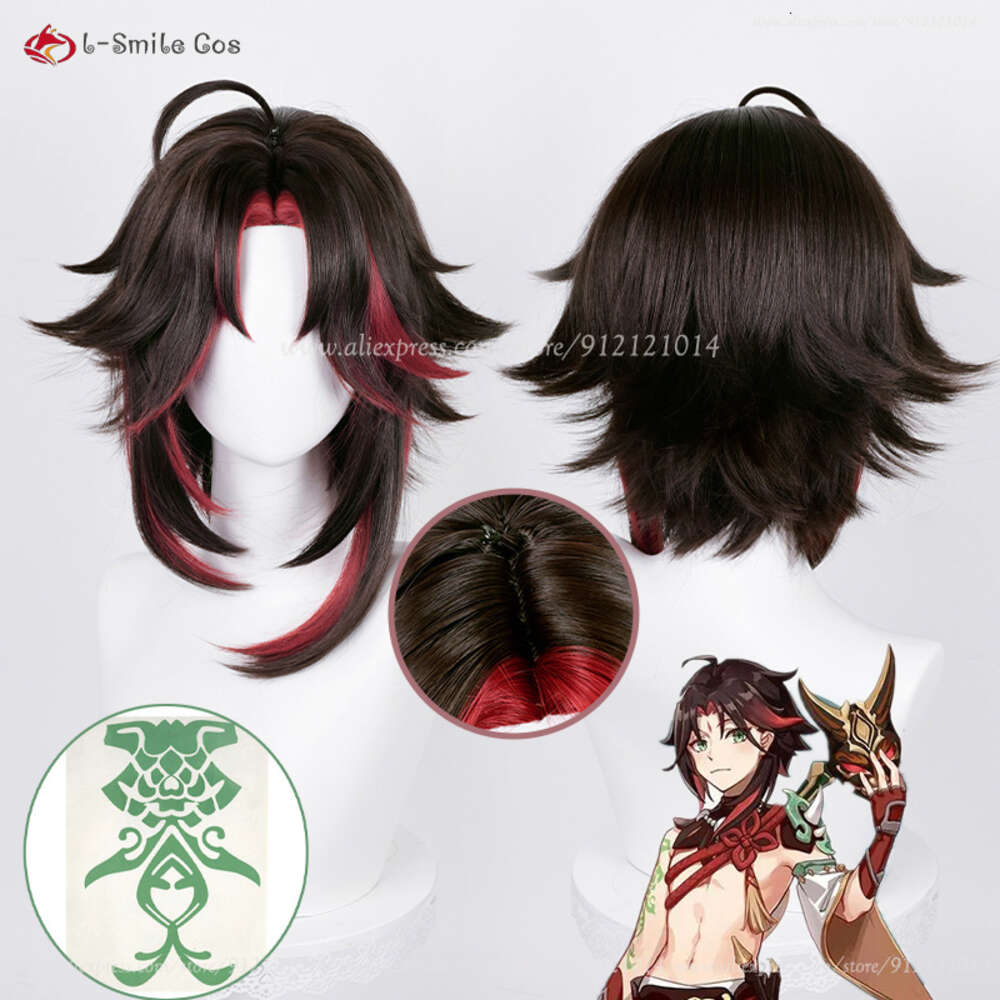 Catsuit Costumes jeu Genshin Impact Cosplay 40 cm/90 cm rouge/vert rouge Xiao résistant à la chaleur cheveux synthétiques Anime perruques + bonnet de perruque