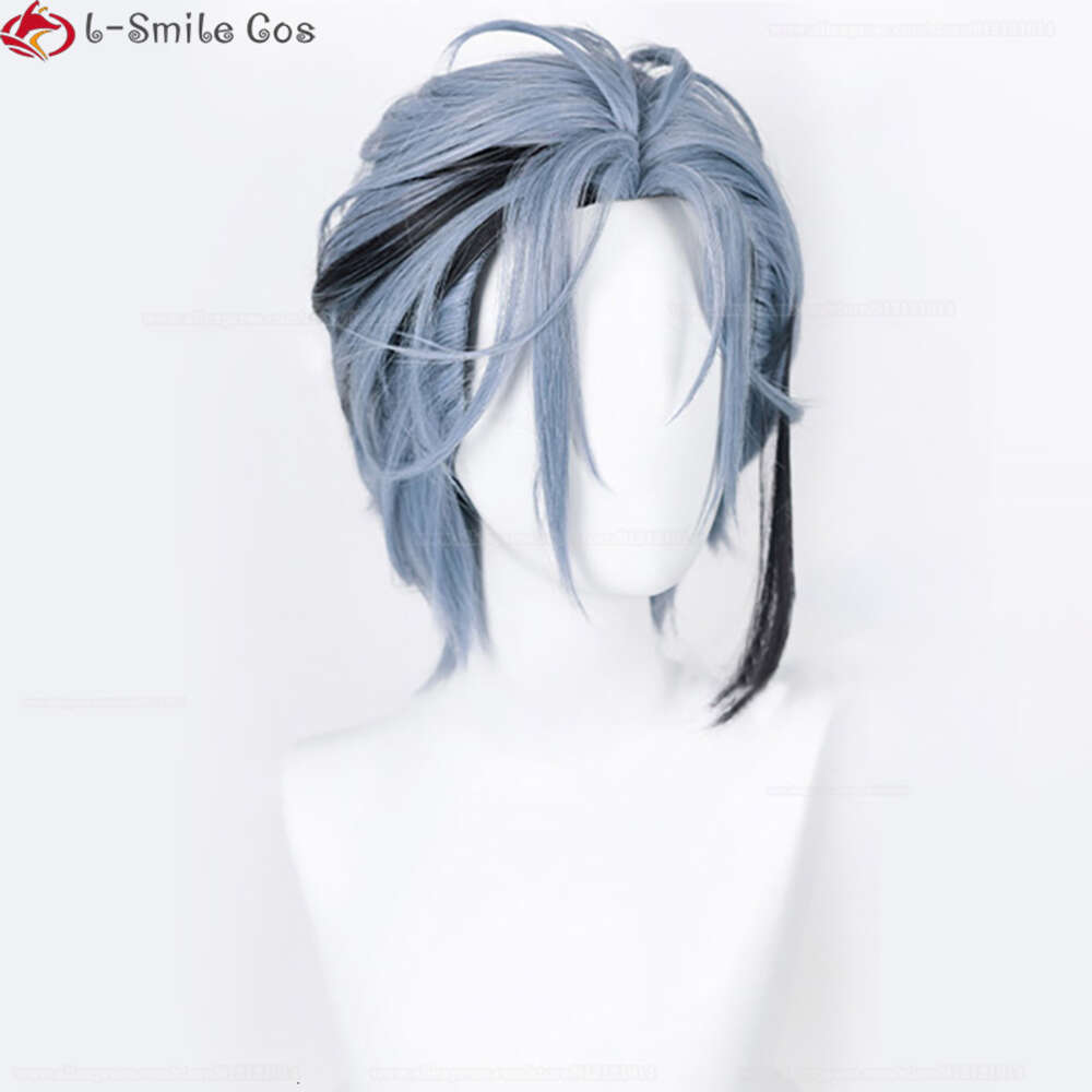 Trajes de Catsuit Vtuber Nijisanjien EN7 XSOLEIL Haywire Cosplay Hex Wigs 33cm Curto Azul Escuro Cinza Resistente ao Calor Cabelo + Peruca Cap