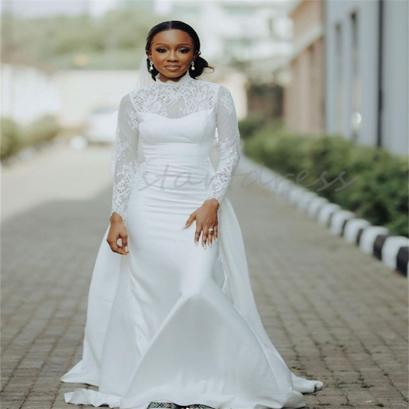 Basit Boho Minimalist Gelinlik Overkirt Tren Güney Nijeryalı Beyaz Deniz Kızı Boho Gelinlik Zarif Uzun Kollu Gelin Elbise Vestido de Noiva Casamento