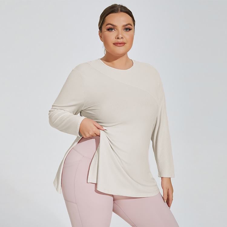 LU-1611 Plus size slim-fit bottom side slit sports top Women's yoga wear Fitness long sleeve casual hooded running T-shirt