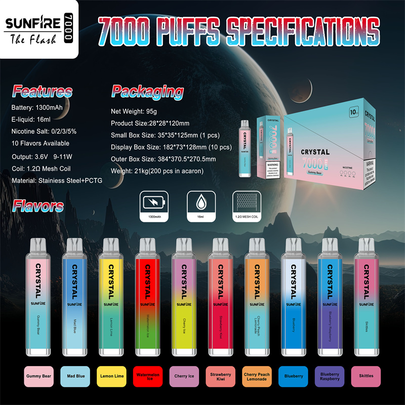 Oryginalny Sunfire Crystal Pro Max 7000 Puff Ujeżdżalnia 7k E papierosy 10flavors Cewka siatki 16 ml strąka elektroniczne papierosy 0% 2% 3% 5% urządzenie Vaper Vapes RBG Light Vape Pen Kit