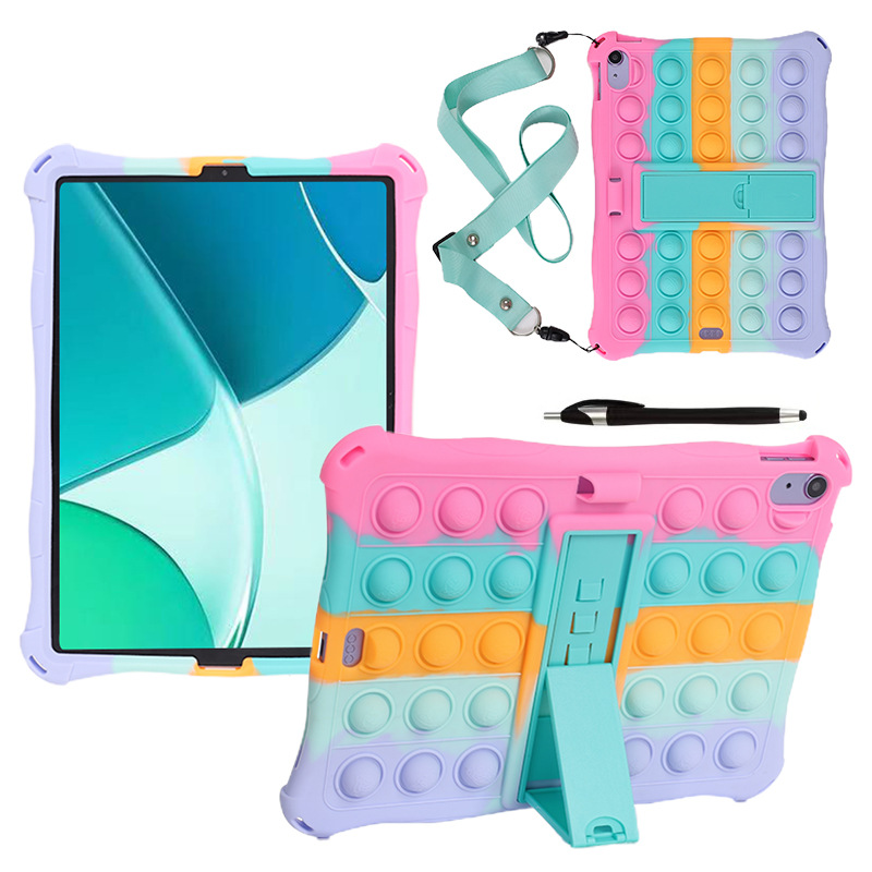 Soft Silicone Stand Cover Case For iPad 10th 10.9 inch Generation Kids Shockproof Tablet Cases Push Bubble Fidget Toy Protective Shell with Stylus Pen + Shoulder Strap