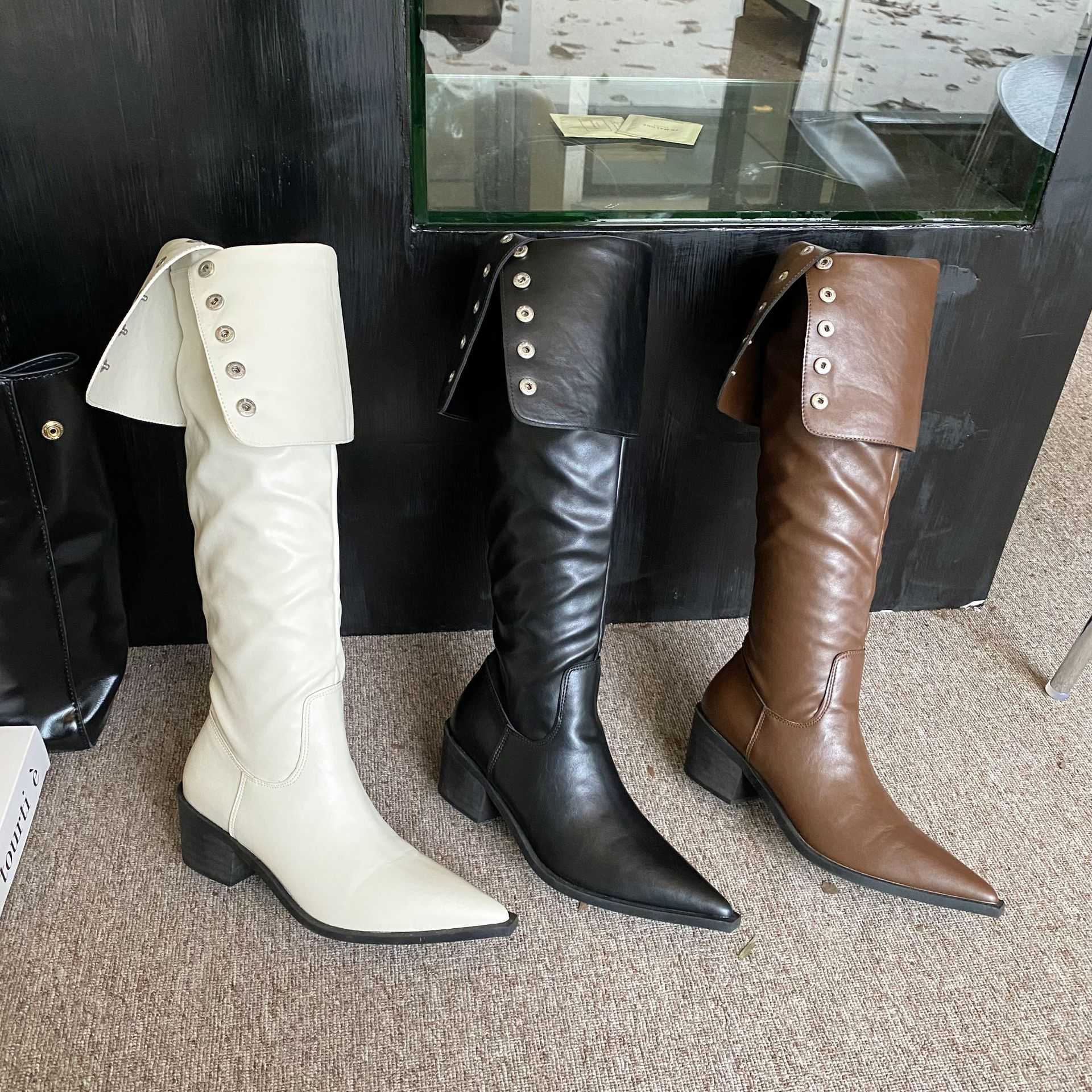 Multiple Wearing Methods 2023 Autumn and Winter Mid Sleeve, Thick Heel, Square Head Riveted Long Boots, High Heel Stacked Boots, Over Knee Boots for Women 231028