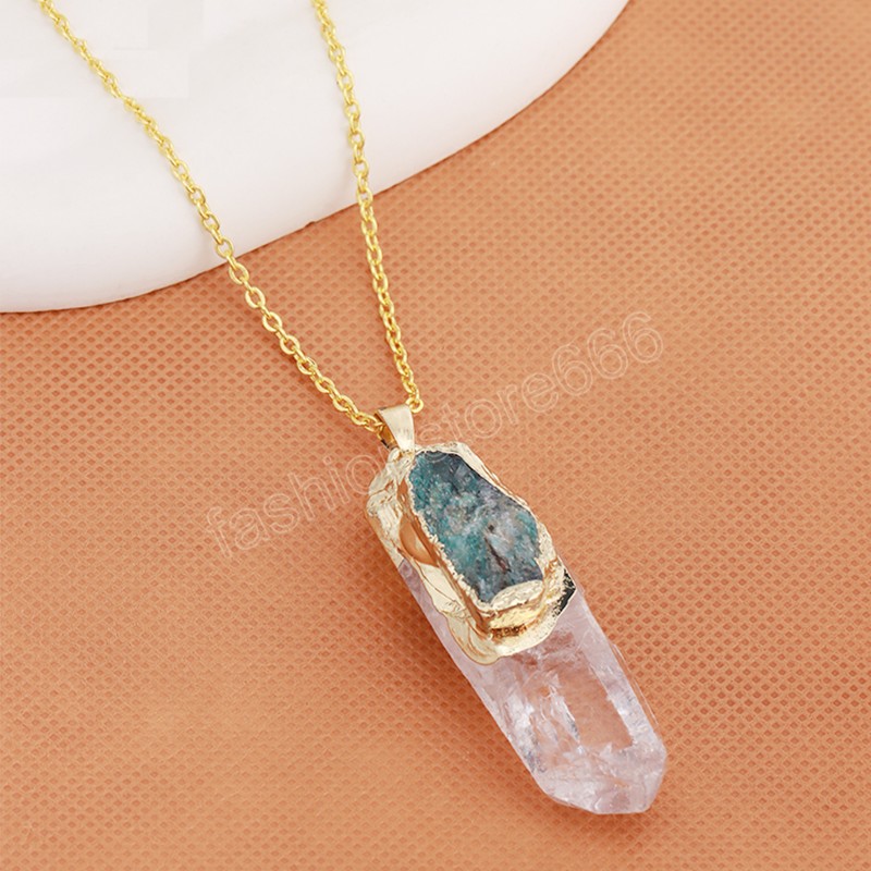 Collier pendentif en pierre naturelle brute, cristal blanc, pour hommes et femmes, Quartz, Druzy, prisme, pilier, baguette, bijoux