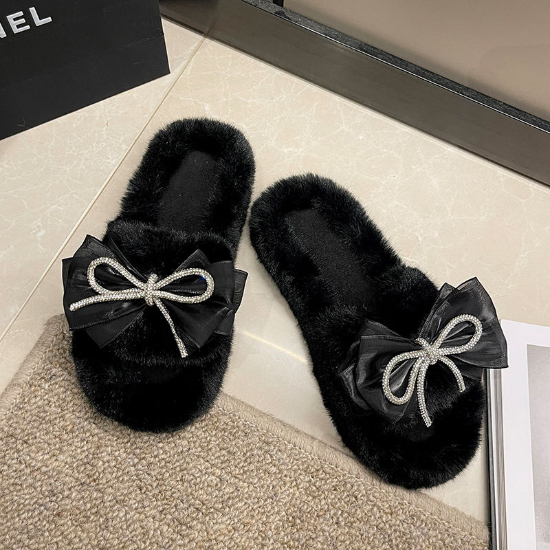 2023 Nouveau hiver Pantoufles en peluche Femmes Coréen Fashion Designer Plat Dames Chaussures De Luxe Fourrure Fourrure Coton Pantoufles Designer Bow Sandales