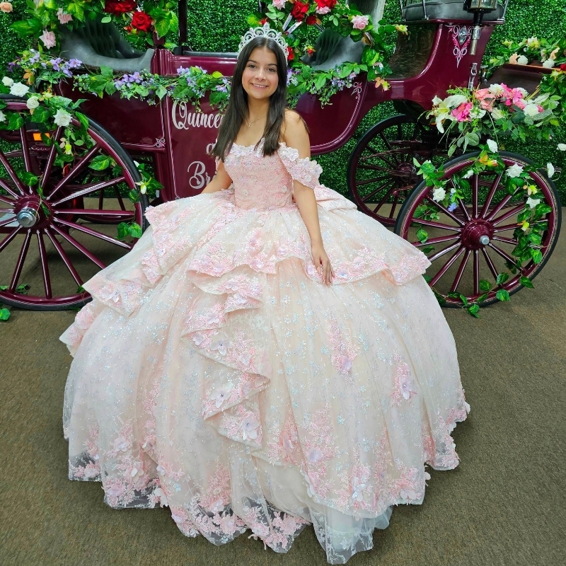 Rosa brilhante vestido de baile quinceanera vestido 2024 3d apliques florais contas princesa tule vestidos de 15 anos festa de aniversário doce 16 vestido