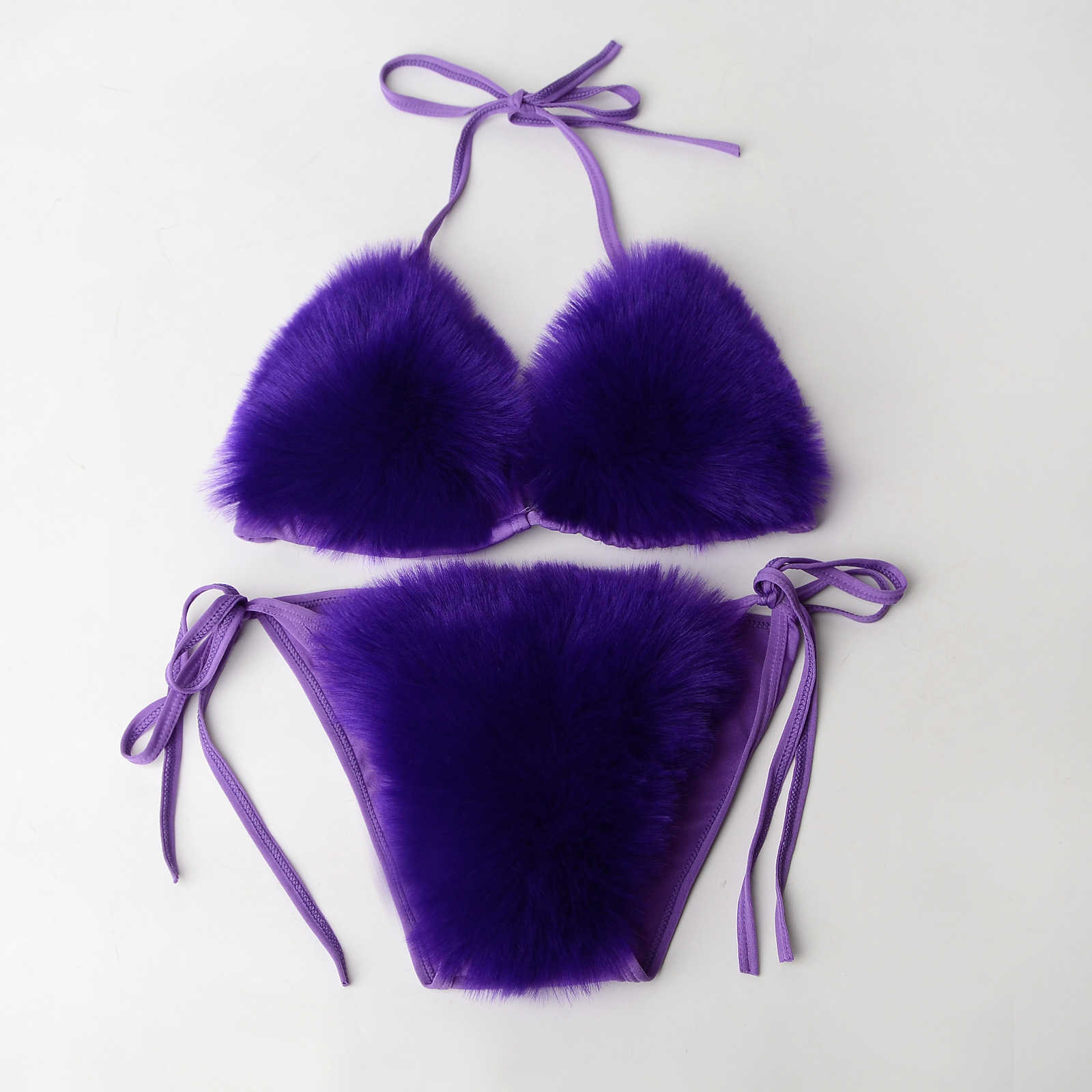 Nouveau Bikini fendu en fourrure de couleur unie pour femmes, maillot de bain en peluche,