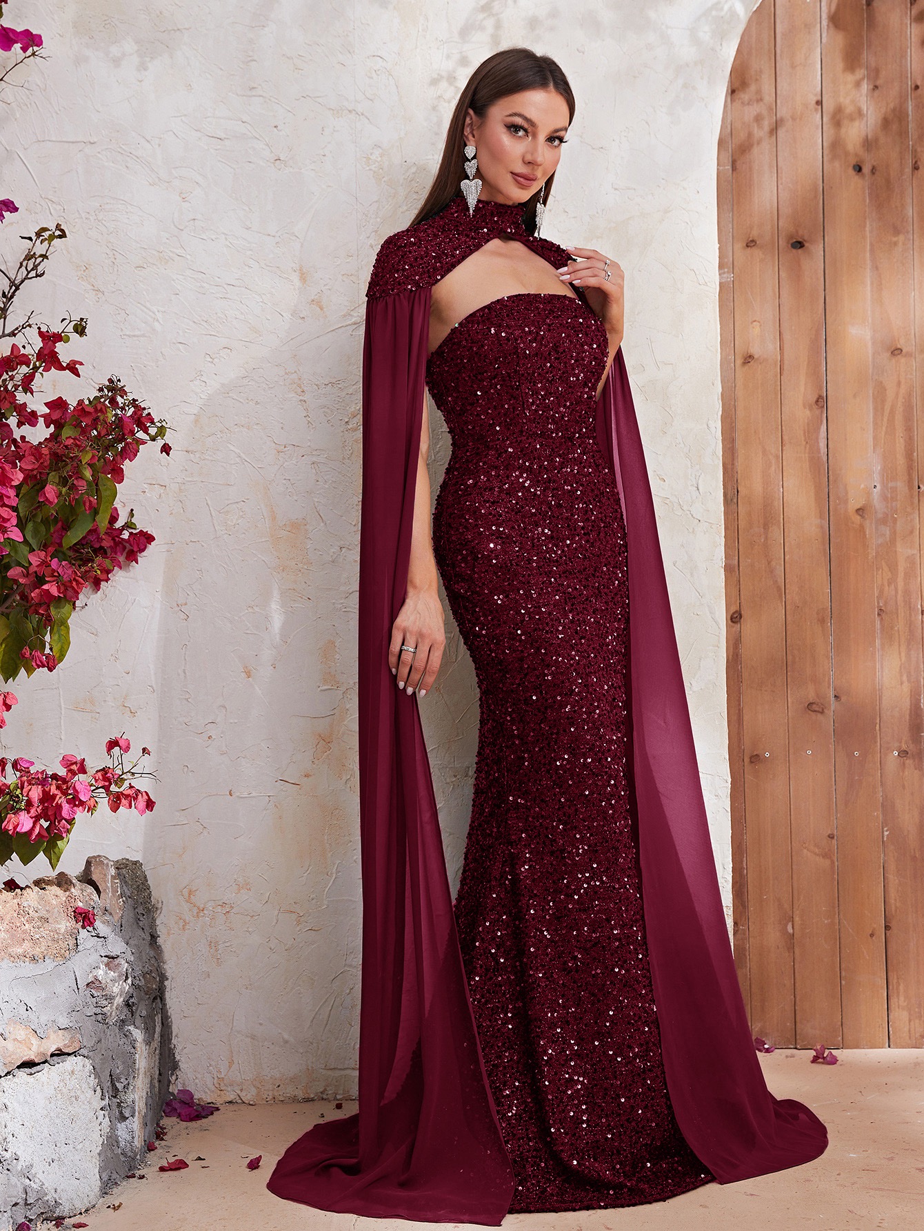 High end Evening dress sequin neck hanging shawl chiffon long sleeved dress fishtail long dress Dubai ArabMGT610-2