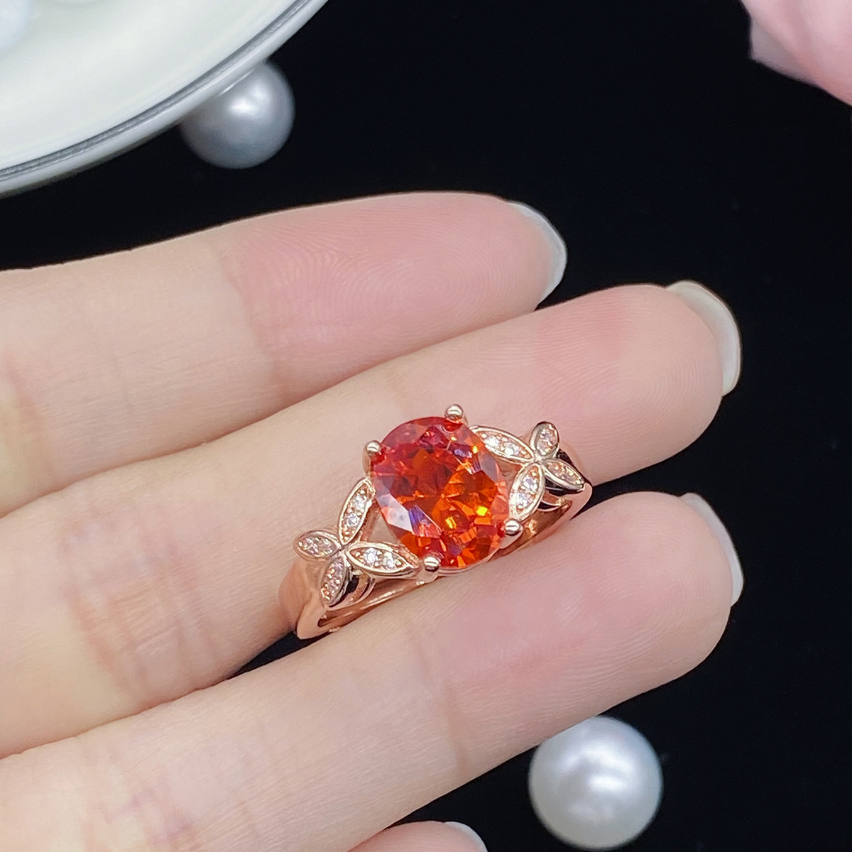 Anel feminino laranja cristal arco nó zircão diamante rosa anel de ouro namorada festa aniversário presente ajustável