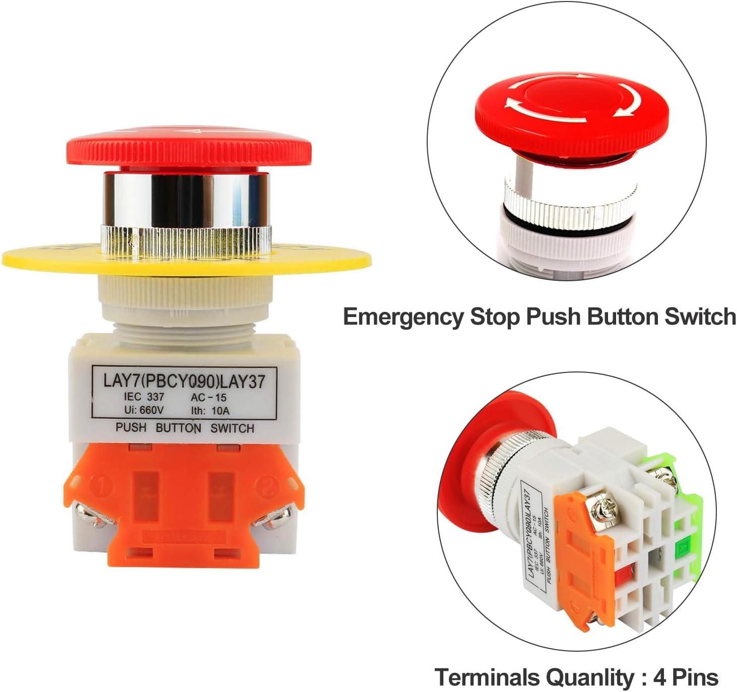 Interruptor de botão de parada de emergência, 4 unidades, travamento 22mm, furo de montagem, tampa de cogumelo vermelho 1no 1nc com sinal de parada de emergência de 60mm