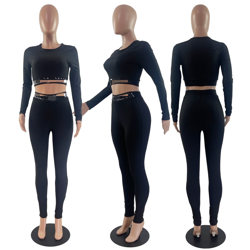 Sporty Two Piece Pants Black Outfits Women Slim Fitness Bodybuilding Running Suits Free Ship