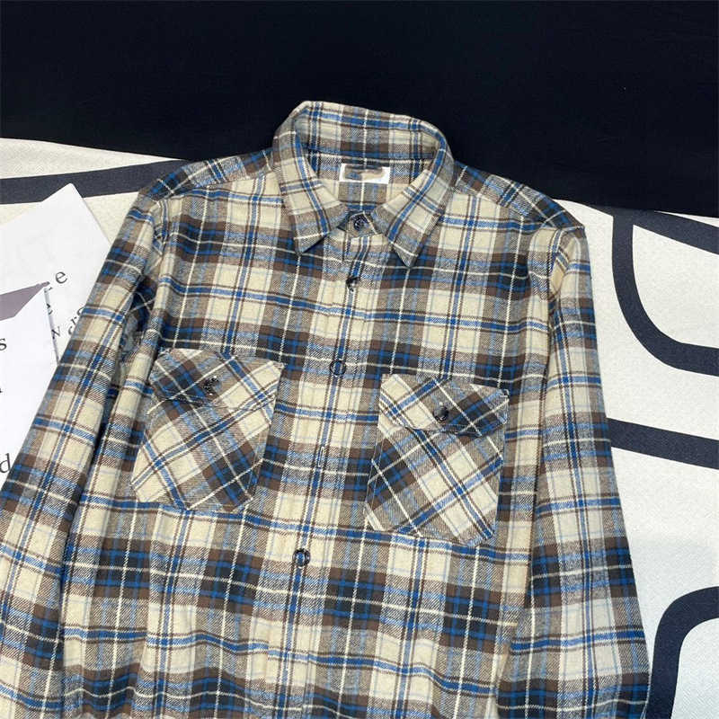Women's Blouses & Shirts designer Autumn and Winter New Cel Southern Oil Style Polo Neck Loose Blue Black Checker Contrast Plaid Double Pocket Shirt 7WAG