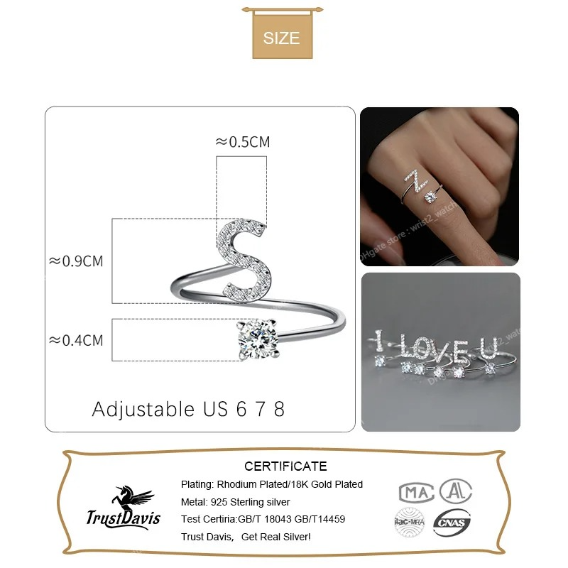 Echte 925 Sterling Silber Ringe Für Frauen Hochzeit Party Schmuck 26 Buchstaben Klar CZ Öffnung Ring Edlen Schmuck DA3121 Edlen SchmuckRinge Schmuck Zubehör