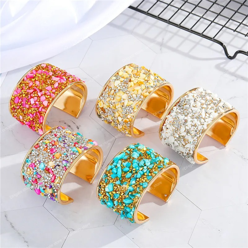 European Bohemian Metal Zircon Bracelet Colorful Rhinestone Resin Stone Open Adjustable Wide Cuff Bracelet Women Jewelry Fashion JewelryBangles cuff bracelets