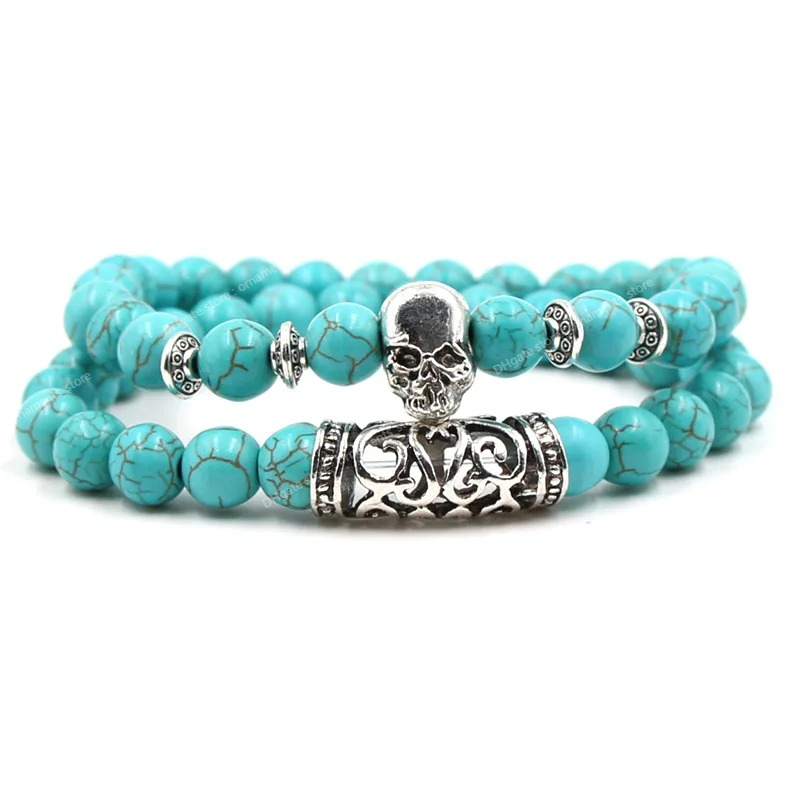 2stsilverfärgad Buddha Head Lava Skeleton Turkoises naturliga stenpärlor för kvinnor män armband set charm armband mode smycken juvelerabracelets