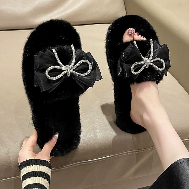 2023 Nouveau hiver Pantoufles en peluche Femmes Coréen Fashion Designer Plat Dames Chaussures De Luxe Fourrure Fourrure Coton Pantoufles Designer Bow Sandales