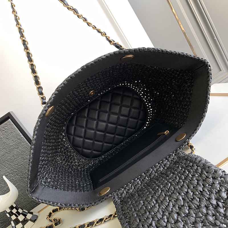 Luxury Women Straw Tote Designer Shoulder Bag Genuine Leather Inside Black White Large Shopping Bags Gold Hardware Fashion Outdoor Purse