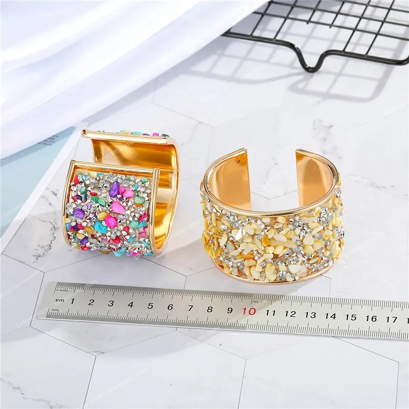 European Bohemian Metal Zircon Bracelet Colorful Rhinestone Resin Stone Open Adjustable Wide Cuff Bracelet Women Jewelry Fashion JewelryBangles cuff bracelets