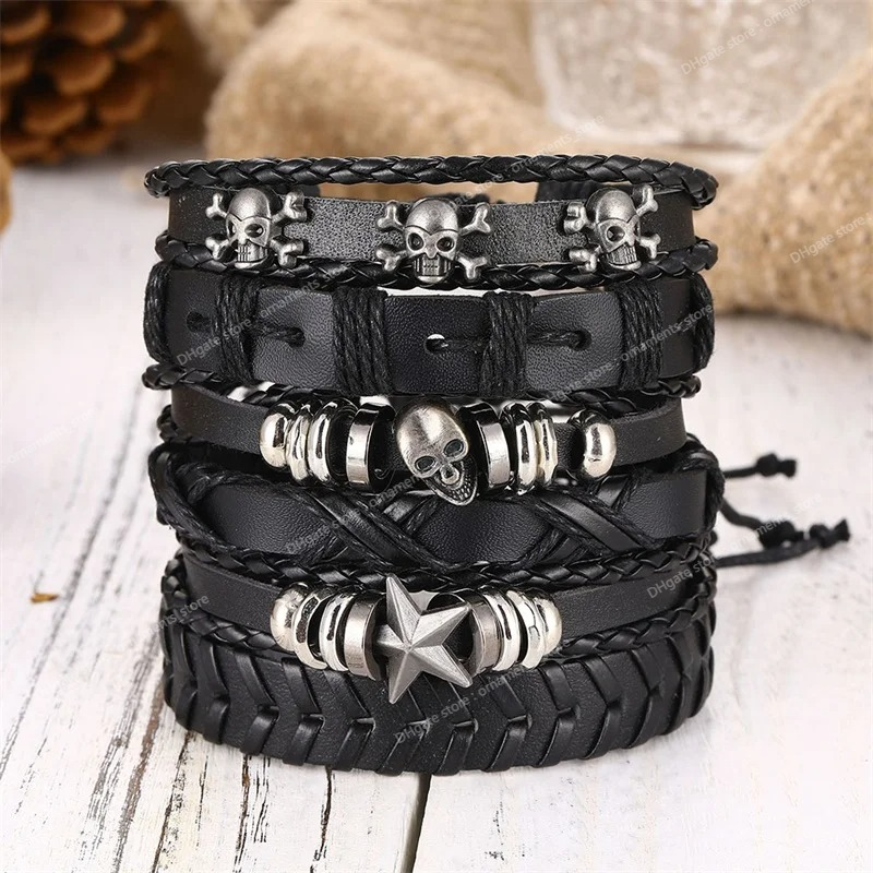 Fashion Set gothic punk cranio stella metallo multistrayer in pelle multistrato braccialetti braccialetti braccialetti braccio maschi