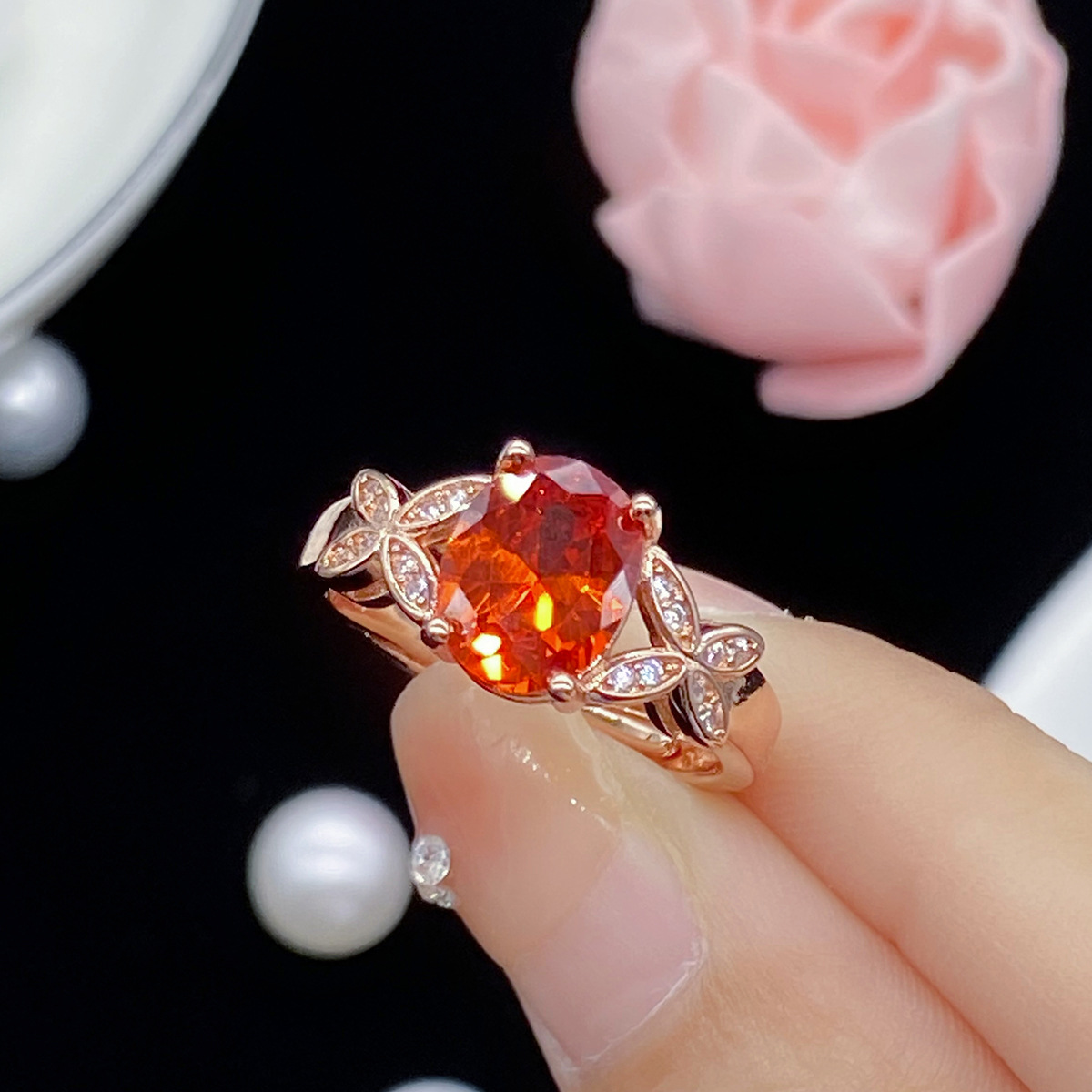 Anel feminino laranja cristal arco nó zircão diamante rosa anel de ouro namorada festa aniversário presente ajustável
