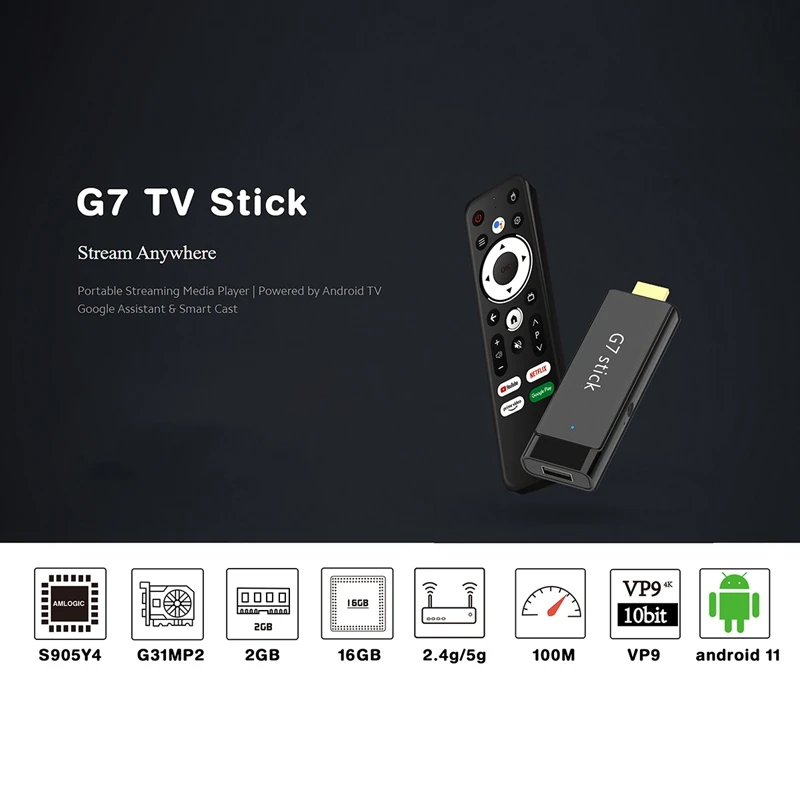 G7 TV 스틱 S905Y4 4K TV 동글 2GB+16GB Android 11.0 스마트 TV 박스 2.4G 5G WiFi Bluetooth 미디어 플레이어 셋톱 박스