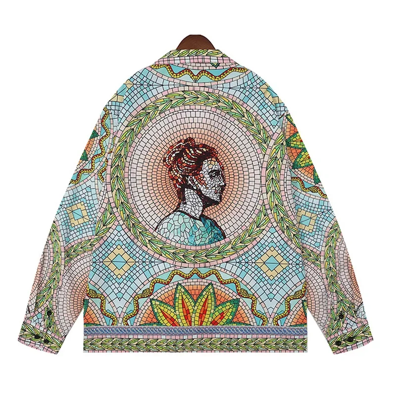 Men Women Vintage Full Print Long Sleeve Shirts Casual Fashion Hip Hop Oversized V-Neck Shirt