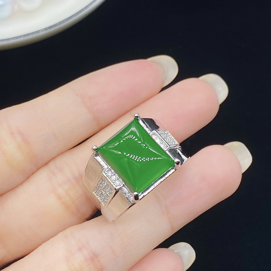 Herenring smaragd chalcedoon groene jade zirkoon diamant witgoud openingsring vriendje verjaardagscadeau verstelbaar